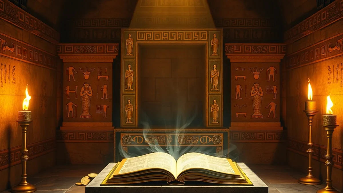 Golden book glowing in an Egyptian tomb, inspired by the Book of Dead slot