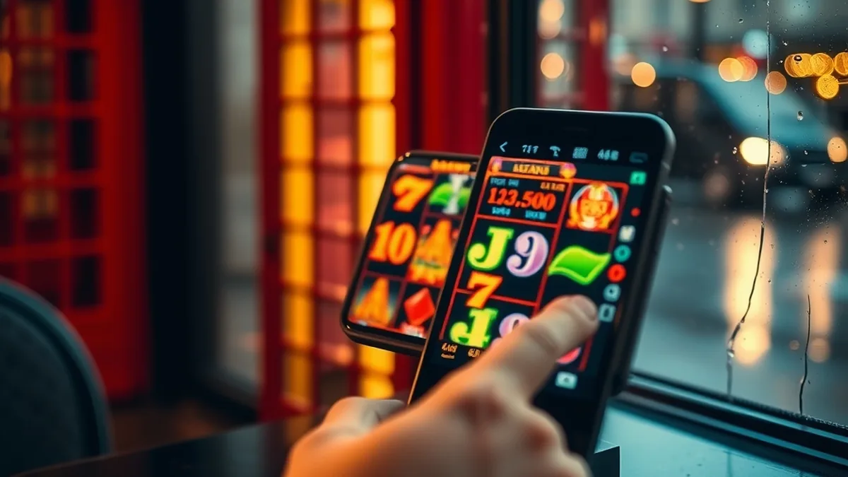 Smartphone showing slot games on a table with London lights behind