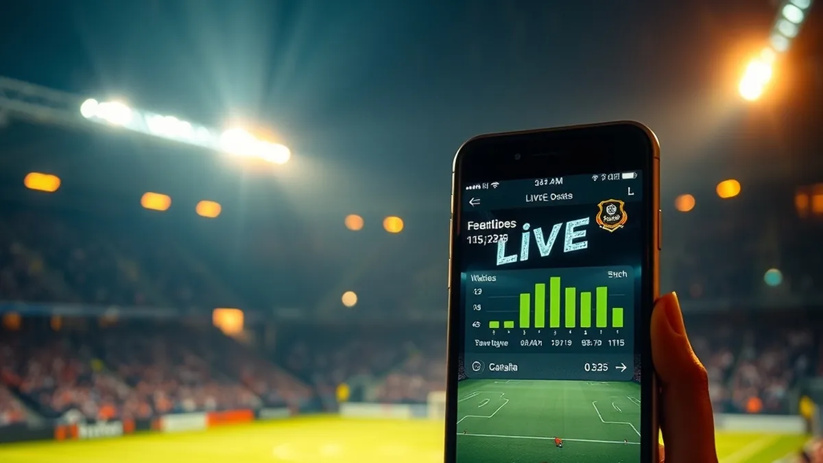 Phone showing live betting graphics in front of a floodlit football stadium