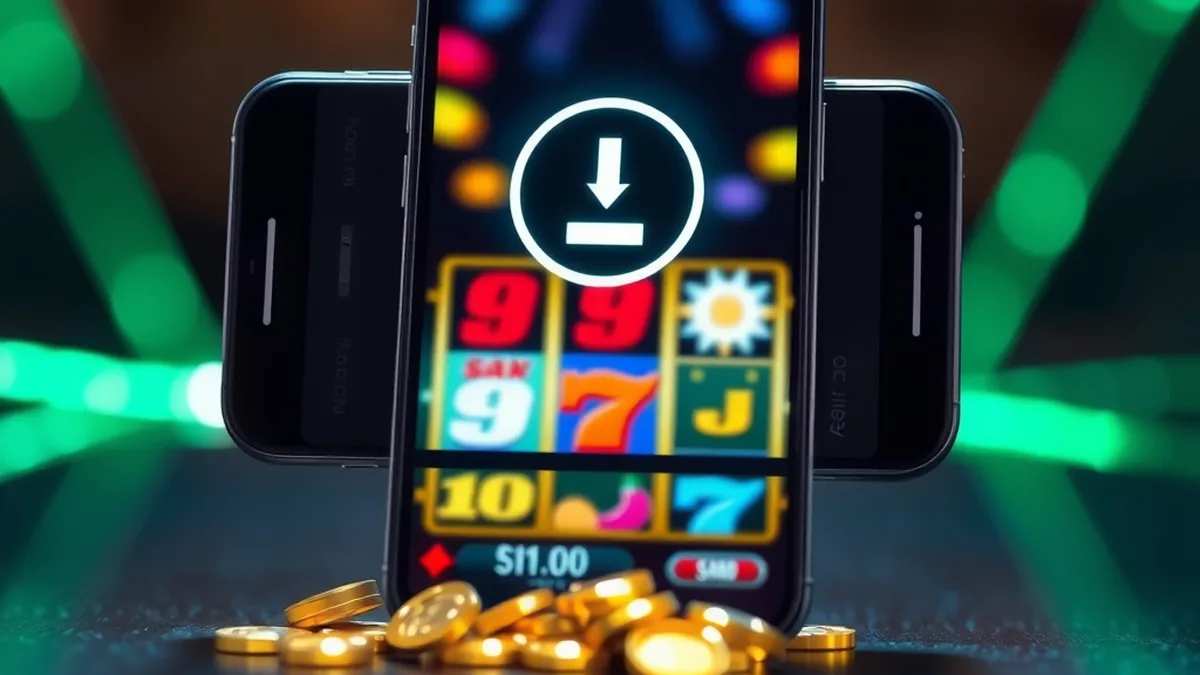 Smartphone downloading the Lizaro casino app with slot reels on screen