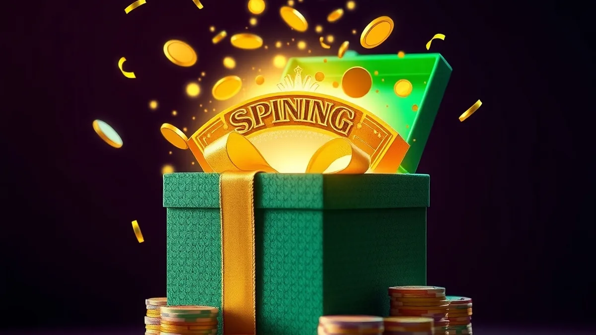 Open gift box releasing slot symbols and confetti for a Lizaro casino bonus
