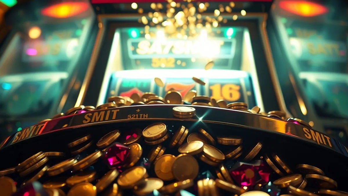 Jackpot slot machine spilling gold coins and gems in Lizaro casino games