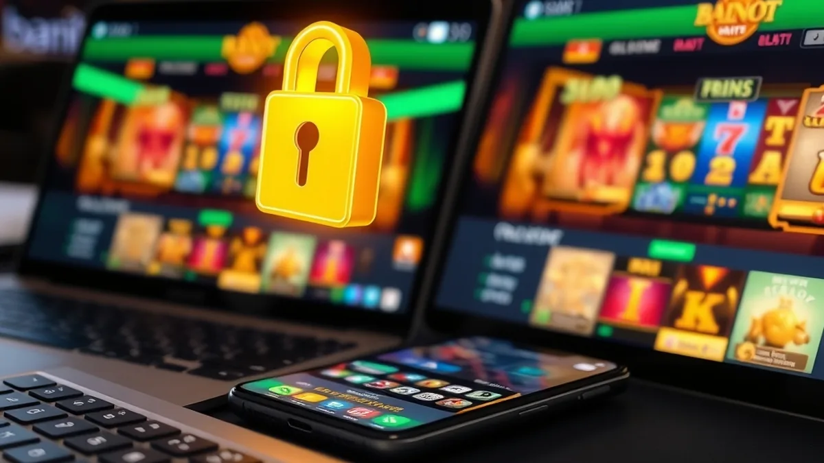 Laptop and phone with blurred casino lobby and padlock for Lizaro login