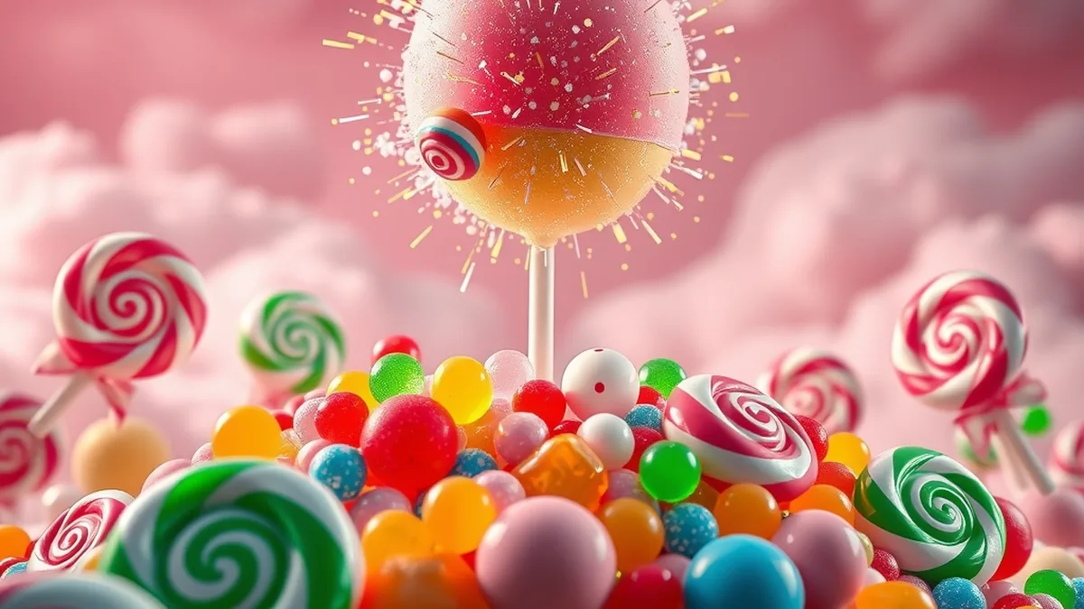 Candy land with lollipops and a bursting sweet bomb, Sweet Bonanza theme